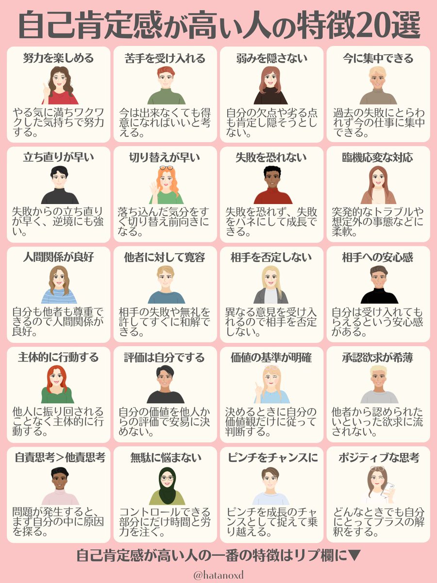 hatanoxd's tweet photo. 自己肯定感が高い人って、こんな人。 https://t.co/wmvsESDE8B