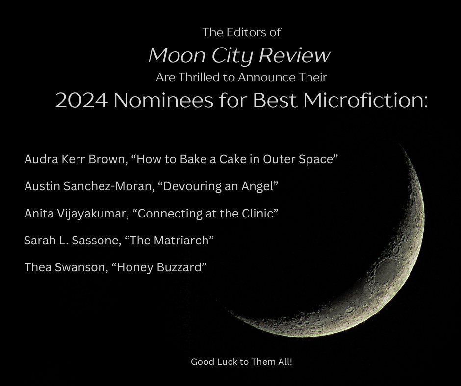 Congrats and good luck to Audra Kerr Brown, Austin Sanchez-Moran, Anita Vijayakumar, Sarah Sassone, and Thea Swanson, Moon City Review's 2024 nominees for Best Microfiction!