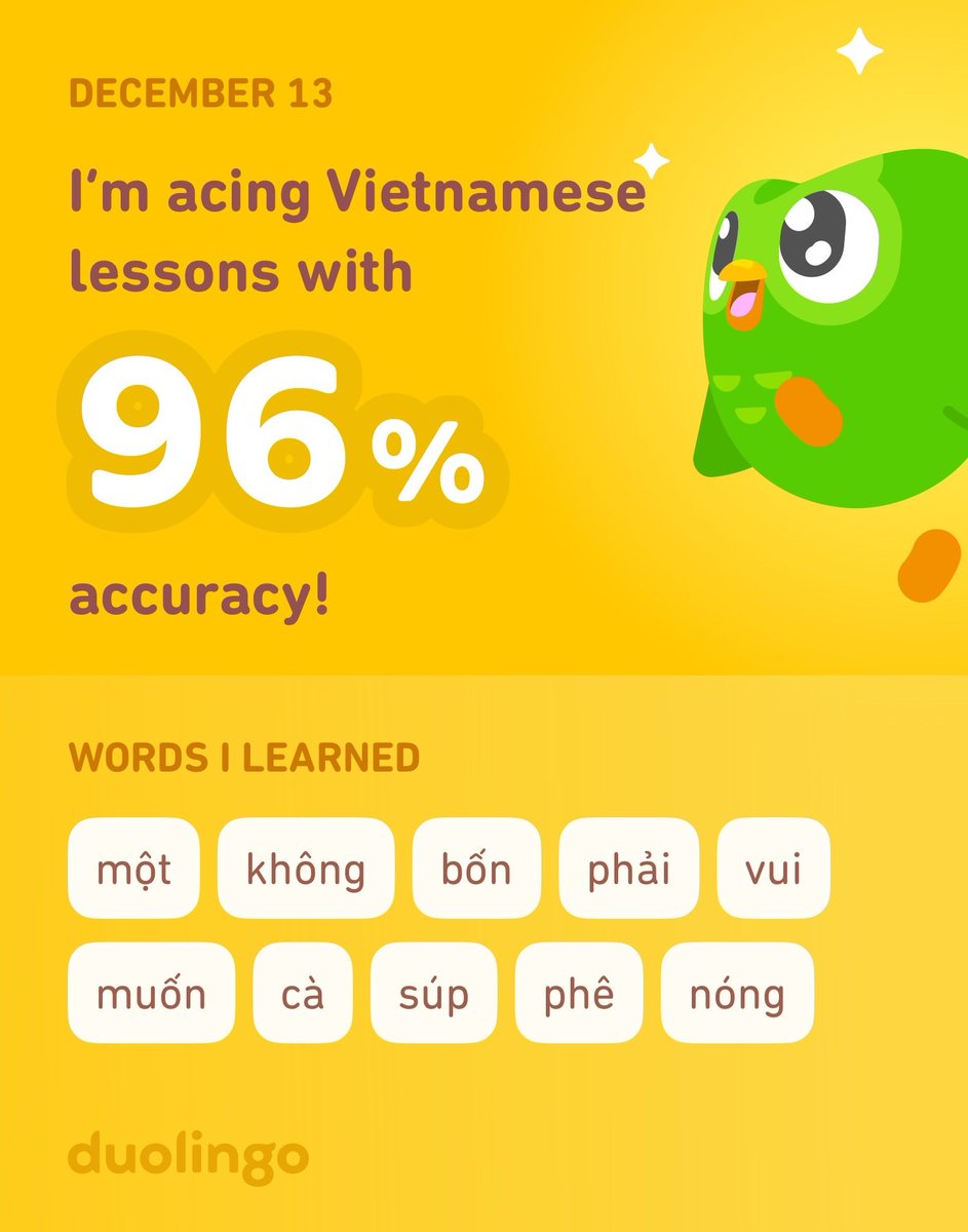 gatsbeta's tweet photo. I’m learning Vietnamese on Duolingo! It’s free, fun, and effective. https://t.co/eL1m0ySMyL