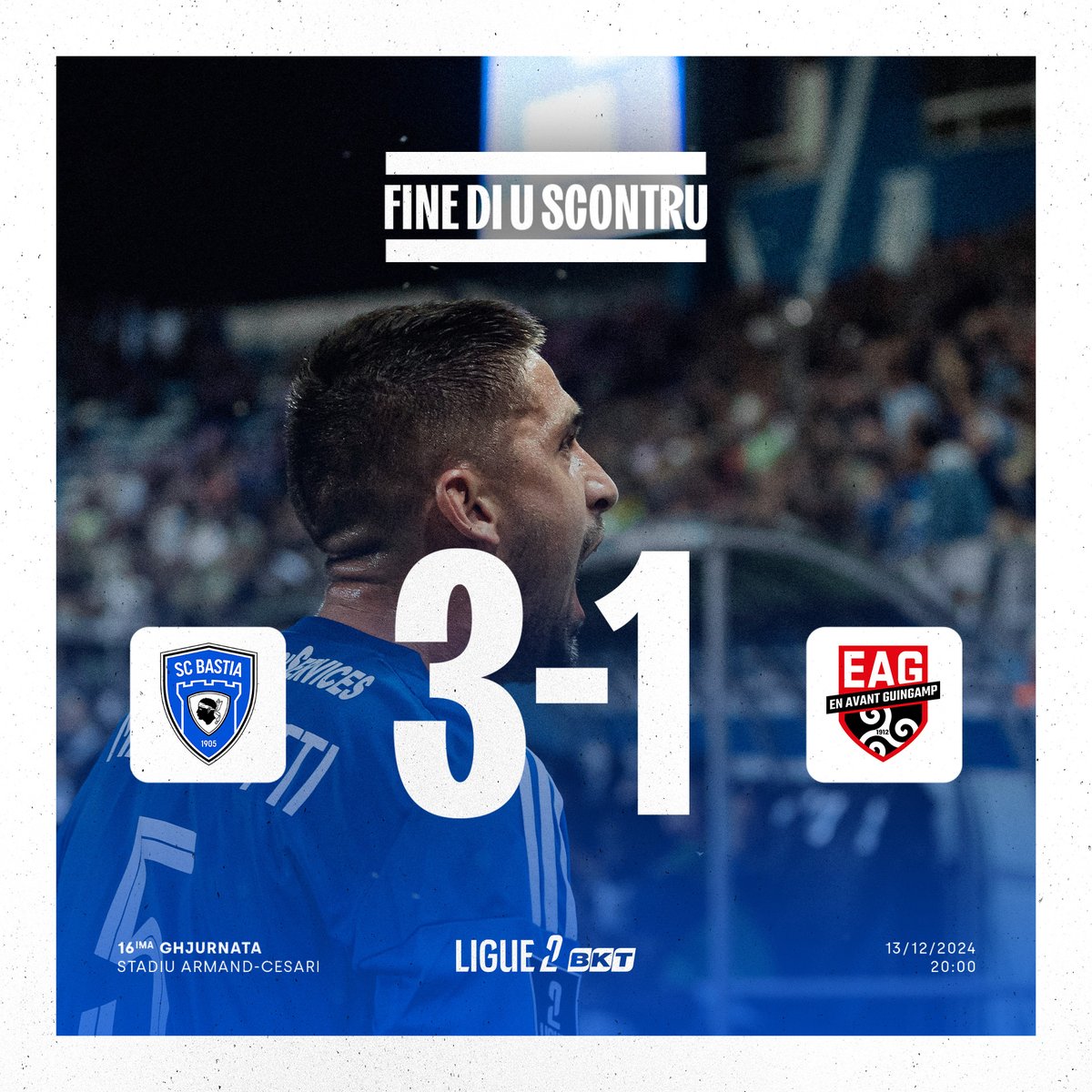 90' 🔚

HÈ COMPIU IN ARMAND-CESARI ! Vittoria di a squadra di Benoît Tavenot ! ✊

Ùn anu cappiatu nunda i nostri Turchini ! Face prò quessa ! 💪 ⚪️🔵

⚽️ Tomi 51'
⚽️ Cissé 70'
⚽️ Maggiotti 87'

#SCBEAG | 3️⃣-1️⃣