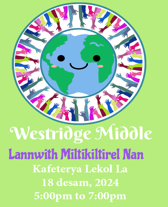 MiddleWestridge's tweet photo. Come join us for our Multicultural night on Wednesday, December 18 at 5 pm in the Cafeteria. Come learn about different cultures and enjoy some delicious meals from those cultures! https://t.co/As9QvjIyei
