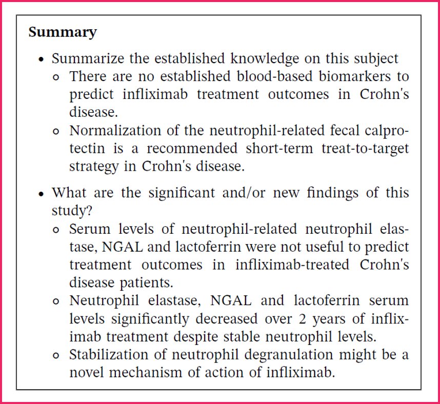 LumirKunovsky's tweet photo. 🔴 What's new:
💥 #Neutrophil #elastase, NGAL and lactoferrin #serum levels significantly decreased over 2️⃣ years of #infliximab #treatment despite stable neutrophil levels❗️
🔵 @drRobinDud 🔵
🔴 @SN_gastro 🔴
#UEGJFridays #IBD #MedEd https://t.co/ZOpKLSk1vQ