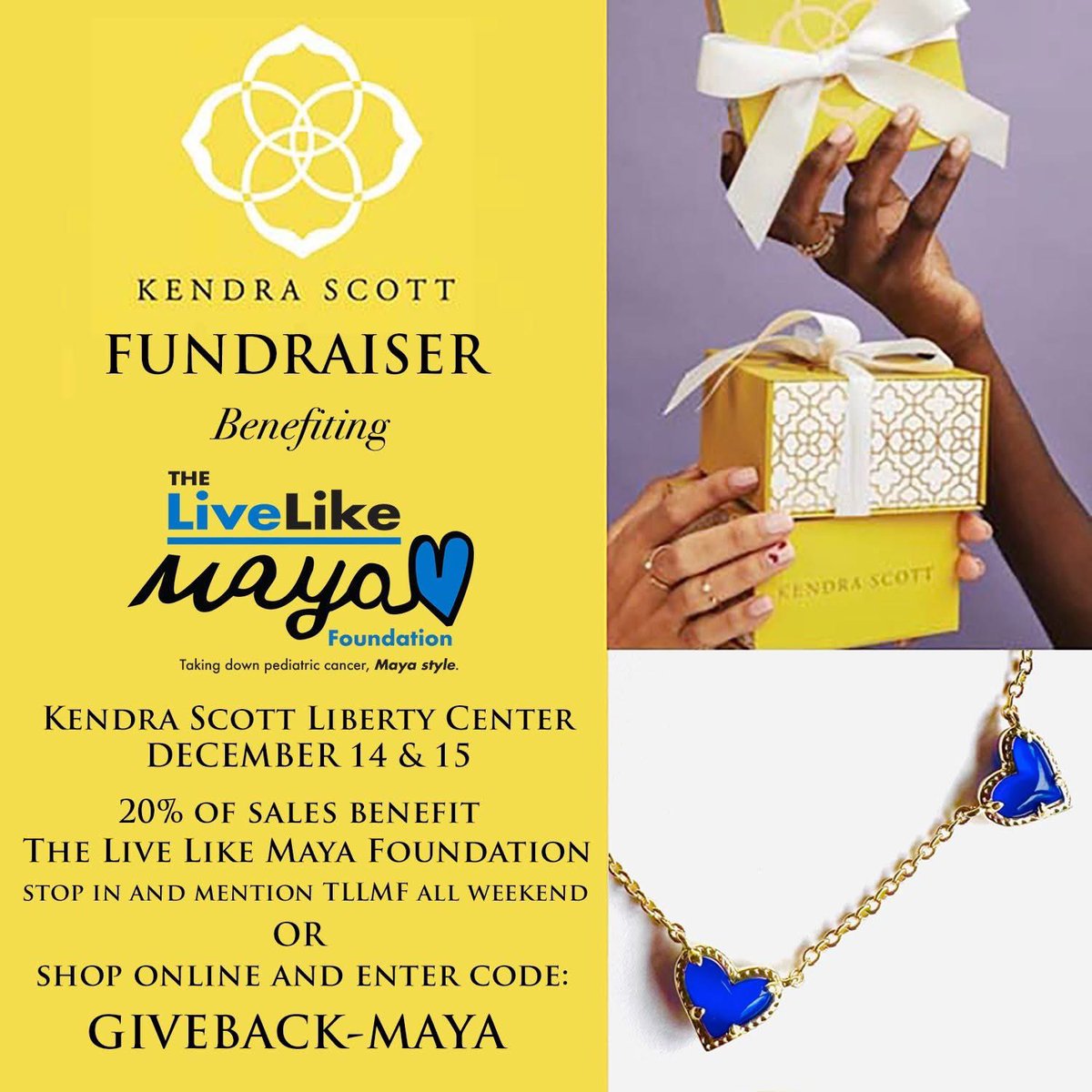 LiveLikeMaya's tweet photo. Shop Kendra Scott, Liberty, this weekend &amp; mention TLLMF in-store or enter code: GIVEBACK-MAYA online, and 20% of your purchases will benefit TLLMF! 

Mention us with your in-store purchase tomorrow, Saturday, 12 - 2 PM &amp; you'll be entered to win a $50 Kendra Scott gift card! 💙 https://t.co/l2jOpj1Dsm