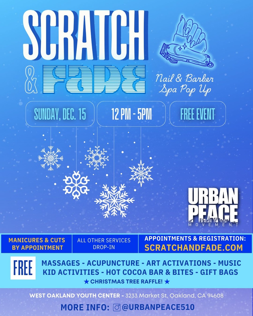 RosenbergFound's tweet photo. Join @urbanpeace this Sunday, Dec. 15 at the West Oakland Youth Center for a Holiday Spa Day! 

Featuring manicures, acupuncture, music, kids activities, hot cocoa bar and more ⛄️ https://t.co/HyPmZkNbzt