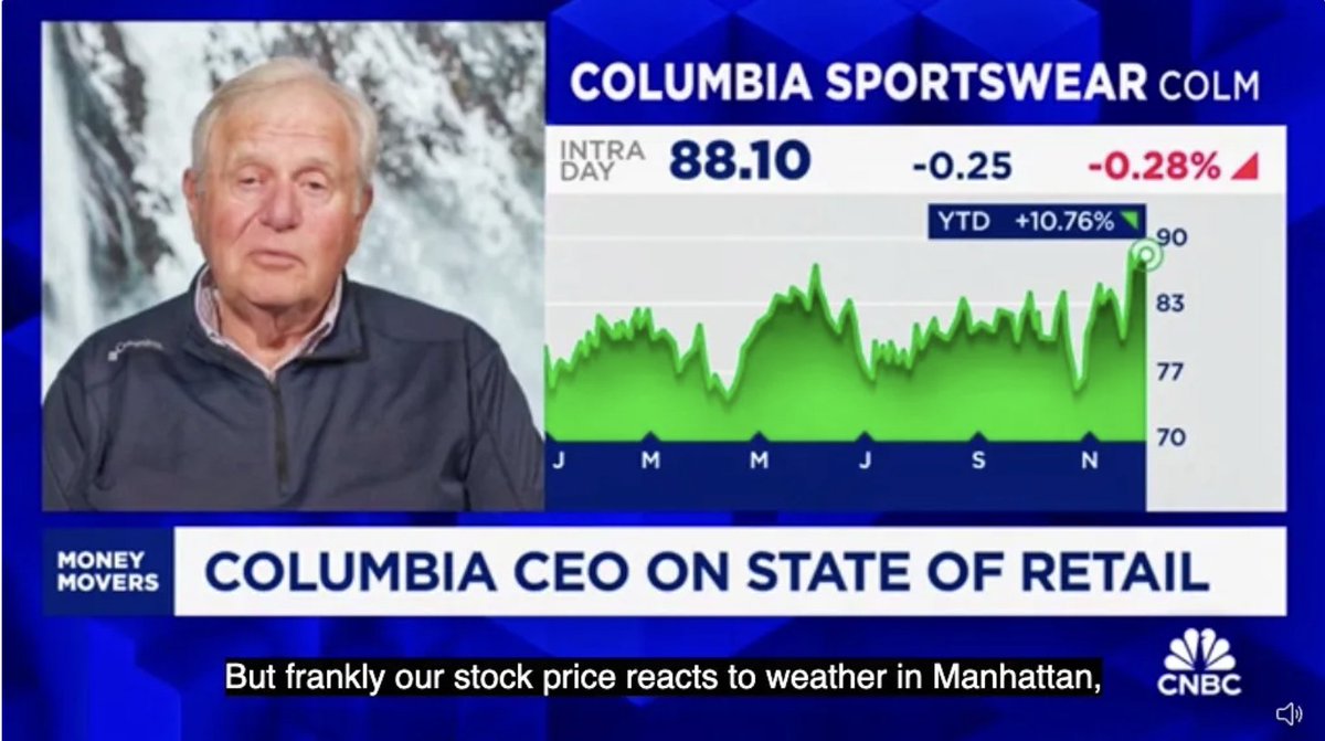 Columbia Sportswear CEO:  Our stock price reacts to weather in Manhattan

Correlation or causation? I take a look ...

paulewalsh.substack.com/p/columbia-spo…