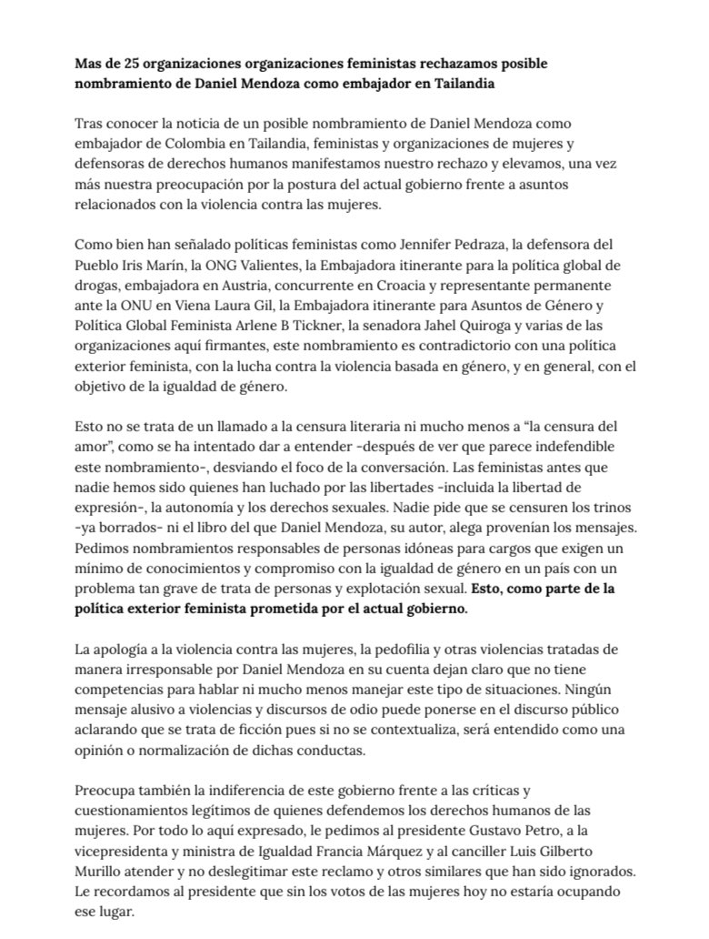 causajustaco's tweet photo. 🚨 Más de 25 organizaciones feministas del país rechazamos el posible nombramiento de Daniel Mendoza como embajador en Tailandia. El movimiento Causa Justa adhiere a esta carta @petrogustavo @FranciaMarquezM @LuisGMurillo 🚨 https://t.co/3QPcAE7A9V