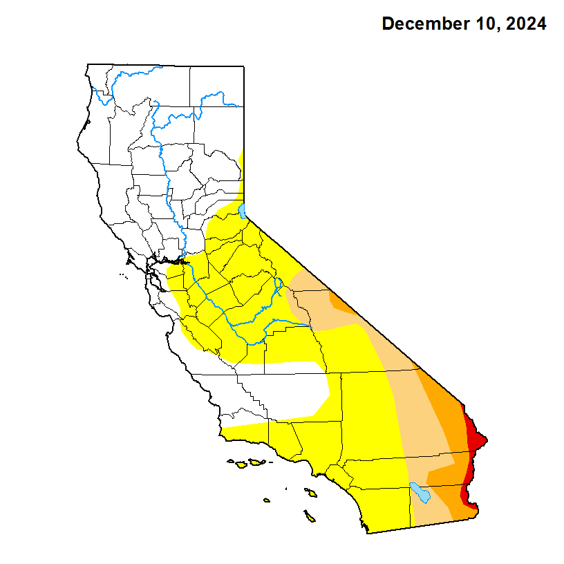 For the first time in 24 months, Los Angeles is highlighted again on the US Drought Monitor map. Sigh. It was nice while it lasted. Yellow is Category 0 / "abnormally dry."
