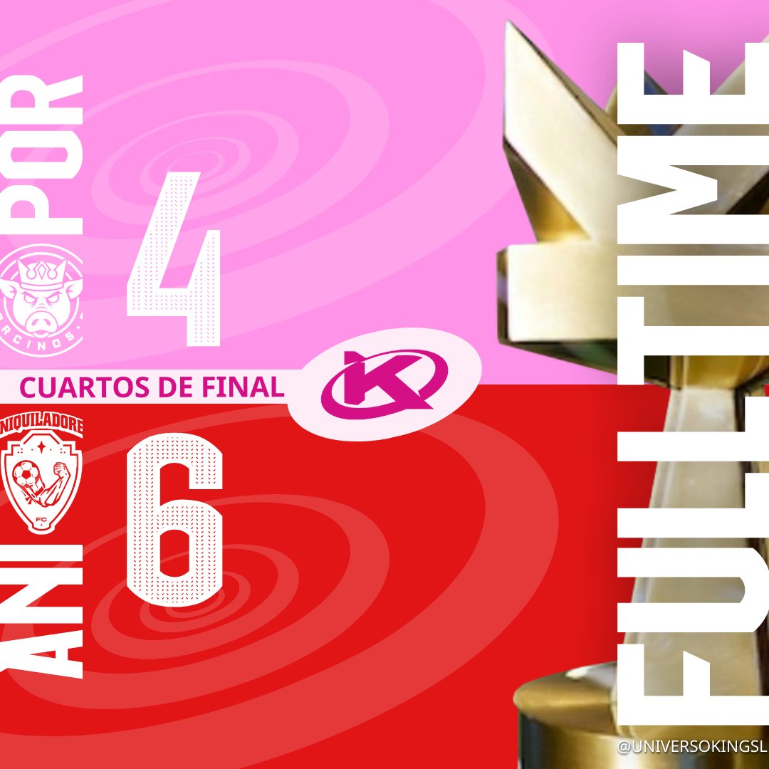 UniversoKingsL's tweet photo. ▪️ RESULTADO FINAL ▪️
CUARTOS DE FINAL
🐽 @PorcinosFC 4
💪 @AniquiladoresFC 6
😱 ANIQUILADORES ELIMINA A PORCINOS 😱
#KingsLeague
#KLPlayoffWeek