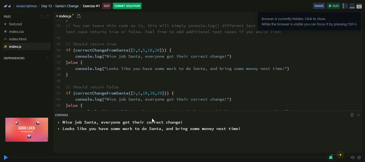 Blessingtutka's tweet photo. Wohoo! 

Just solved the #JavaScriptmas challenge from @scrimba ✅

Check it out  👉 
https://t.co/U4TIQxx5CO

Can you do it better? https://t.co/LGloM405BG