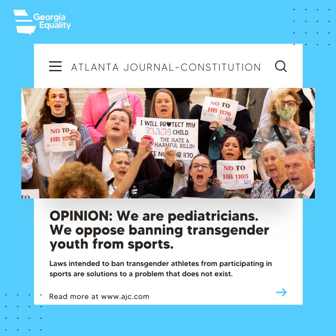 NEWS: Today, the Senate Special Committee on trans women in sports issued their final recommendations to ban trans youth from participating in sports with their peers.

In response, GA pediatricians wrote an op-ed for the <a href="/ajc/">Atlanta Journal-Constitution</a> disavowing exclusion.

READ: ajc.com/.../opini.../4…