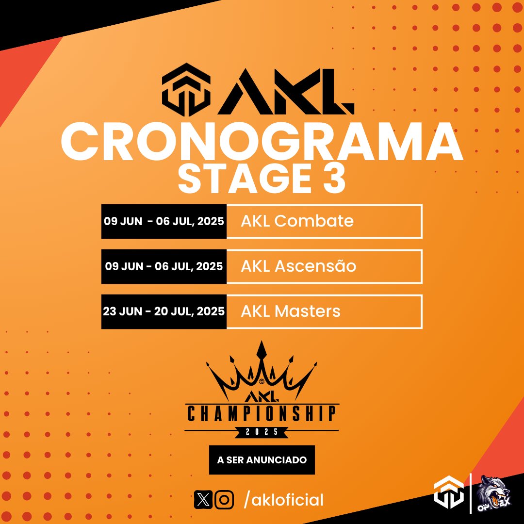 📅 O cronograma da Temporada 2025 está aqui!
Prepare-se para viver o melhor do CoD competitivo com o ecossistema AKL: Masters, Combate, Ascensão e Qualifiers. 🎮🔥
Inscrições abrem em breve. Vamos fazer história juntos!
#AKL2025 #CoDCompetitivo #AKLMasters #AKLCombate