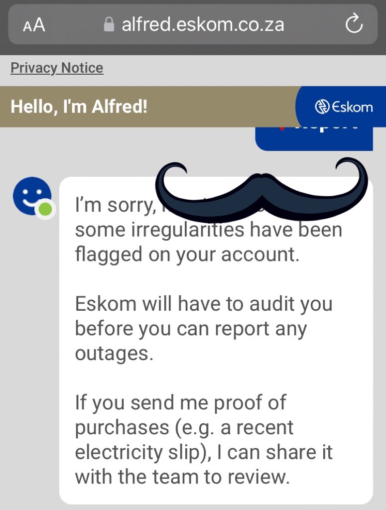 tmodisane's tweet photo. @Eskom_SA @Eskom_SA why am I suddenly having issues logging fault via Alfred? I get this message &amp; as far as I’m aware, all things stand as required. What causes this error message? https://t.co/kQOMT8mUMm