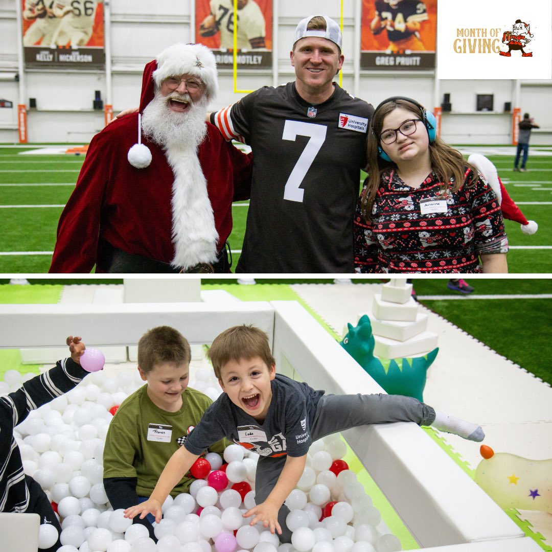 BrownsGiveBack's tweet photo. This week, Dustin Hopkins &amp; The Well Foundation welcomed 40+ families to @crosscountrymtg Campus for an inclusive holiday celebration! 🎁 #MonthOfGiving https://t.co/rHaWDthjfb