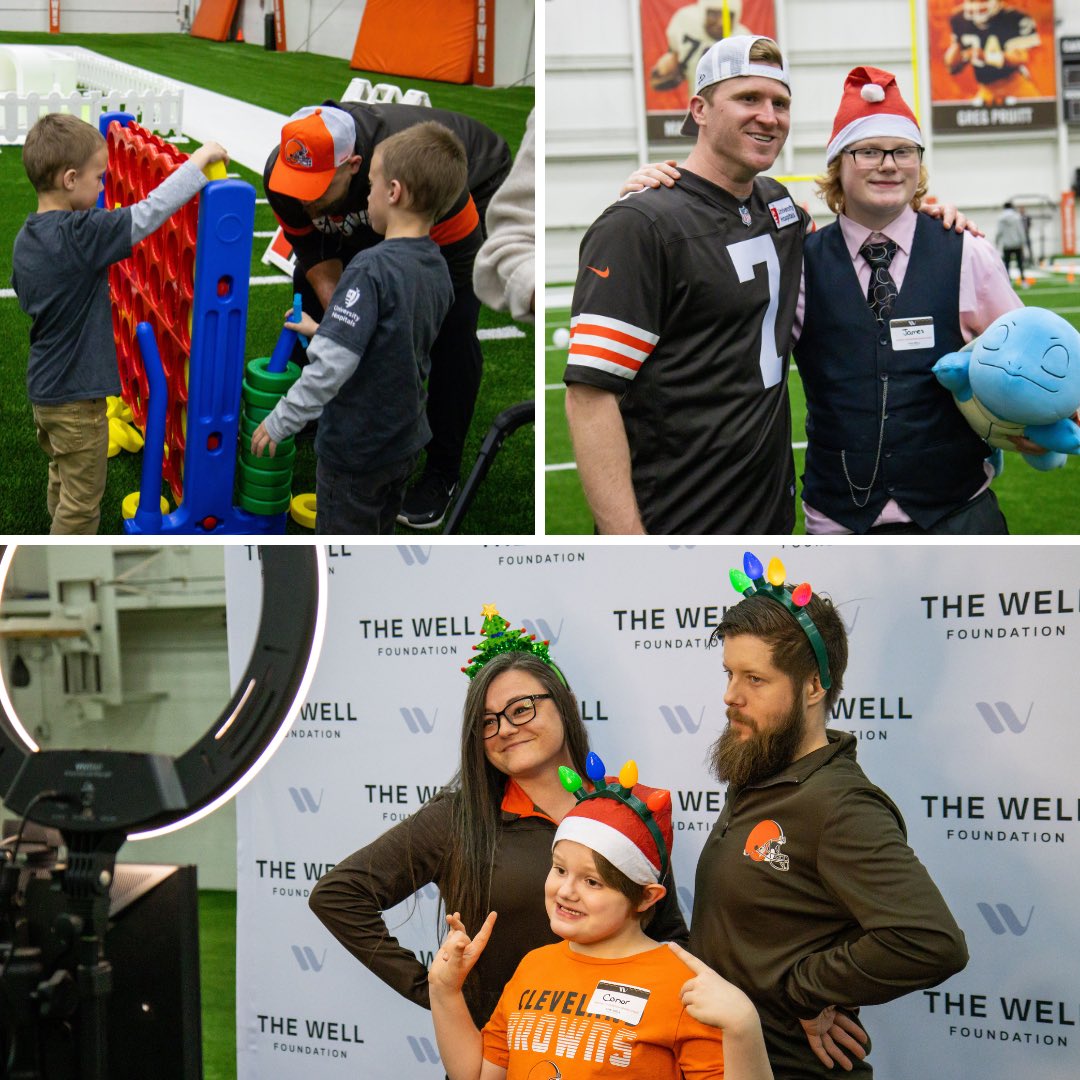 BrownsGiveBack's tweet photo. This week, Dustin Hopkins &amp; The Well Foundation welcomed 40+ families to @crosscountrymtg Campus for an inclusive holiday celebration! 🎁 #MonthOfGiving https://t.co/rHaWDthjfb