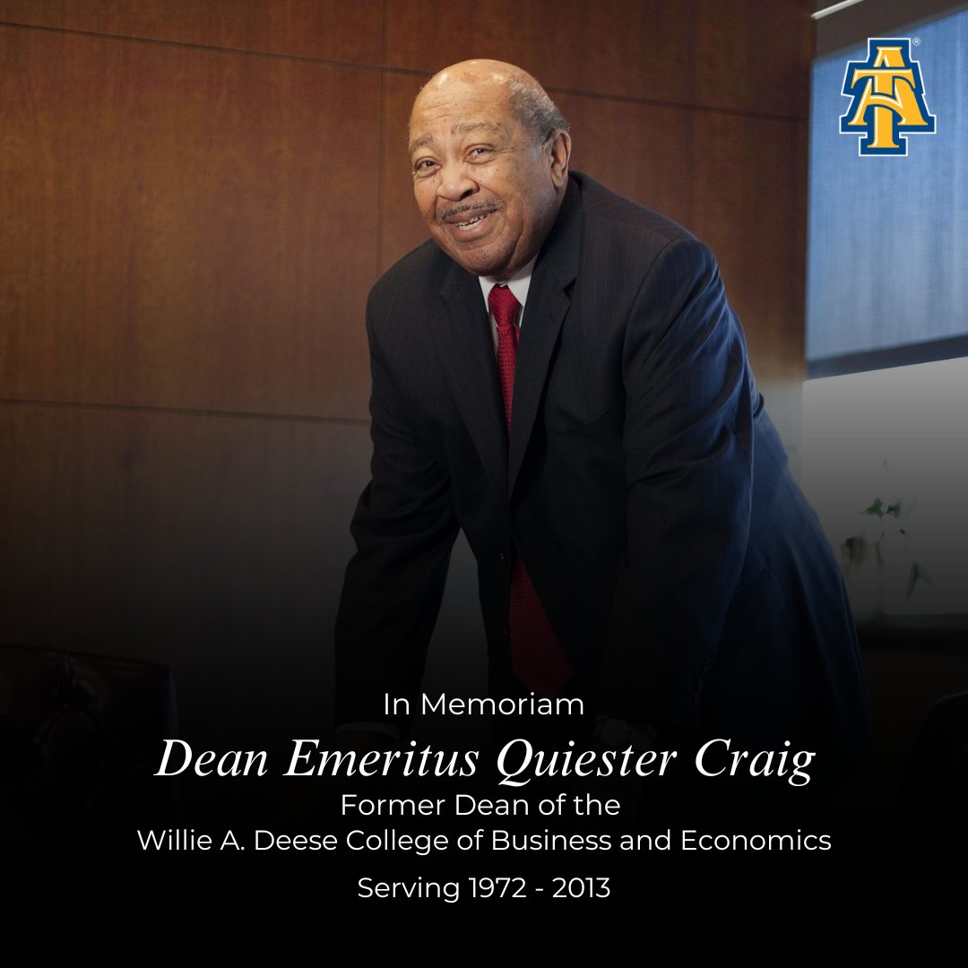 ncatsuaggies's tweet photo. It is with heavy hearts that we announce legendary Dean Emeritus Quiester Craig,  who led the School of Business and Economics for an unprecedented 40 years, shepherding it to extraordinary heights, has passed away. https://t.co/OJXHe8d1sG