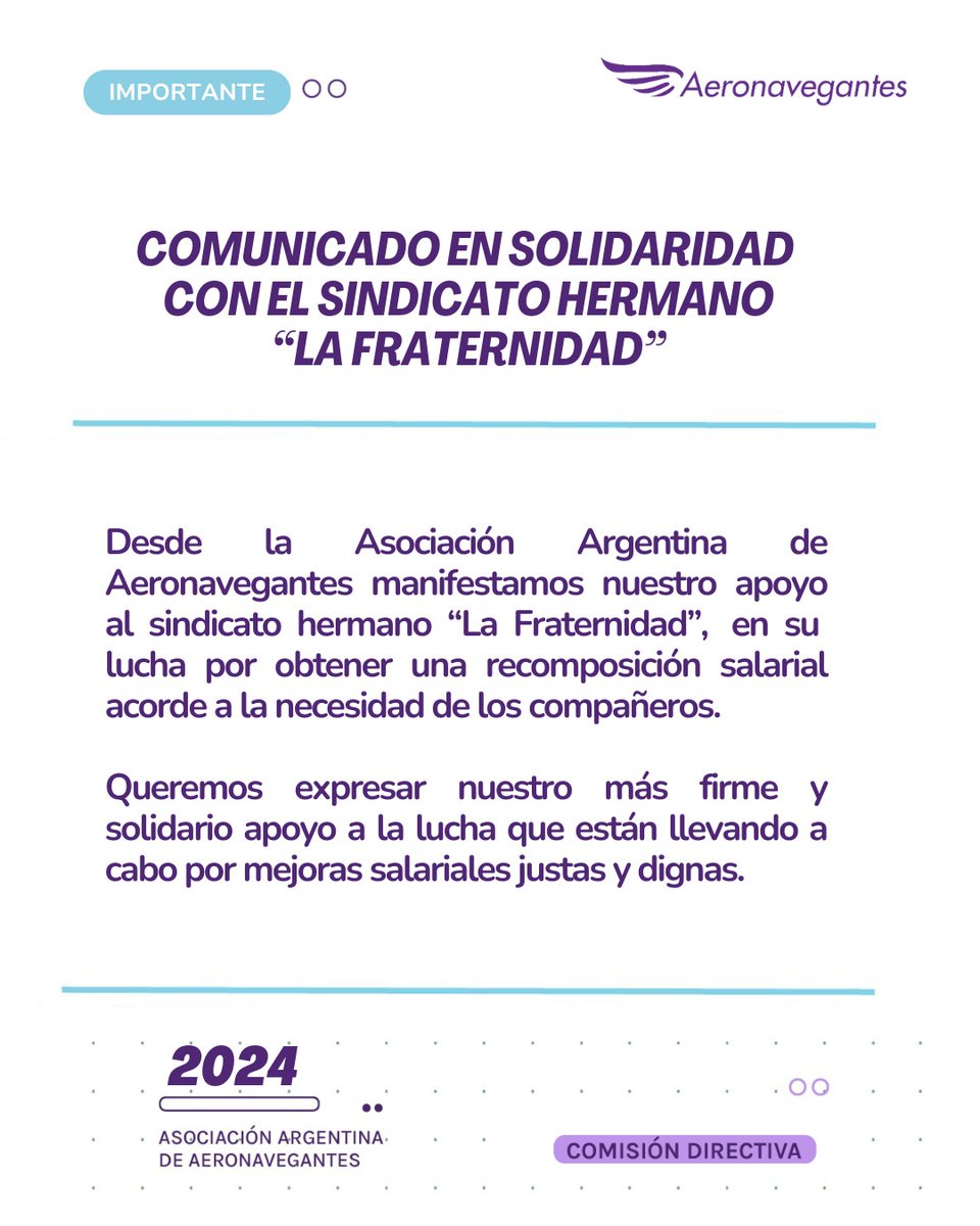 Aeronavegantes (@aeronavegantes) on Twitter photo #Solidaridad
Nuestro apoyo al sindicato hermano la <a href="/FraternidadArg/">La Fraternidad</a> ante la lucha que están llevando a cabo por una recomposición salarial justa y digna para los compañeros. #Solidaridad
Nuestro apoyo al sindicato hermano la <a href="/FraternidadArg/">La Fraternidad</a> ante la lucha que están llevando a cabo por una recomposición salarial justa y digna para los compañeros.