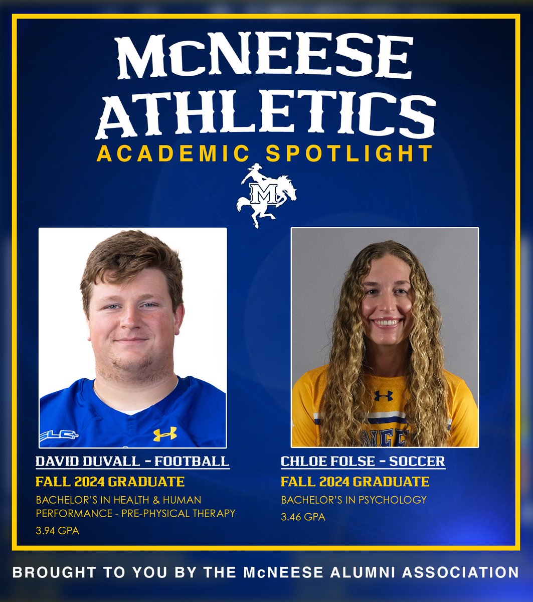 McNeeseSports's tweet image. Congratulations to our fall academic spotlight graduates David Duvall and Chloe Flose 🤠

#GeauxPokes