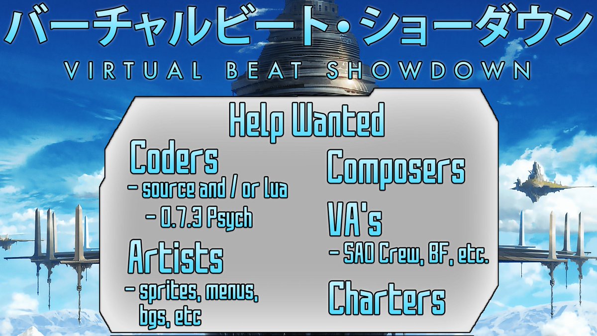 Superskullz115's tweet photo. [HELP WANTED]

We're looking for people to work on Virtual Beat Showdown (used to be Funkin Art Online), an FNF mod about the series Sword Art Online

DM discord if interested
#fnfmodhelp #FNF #FridayNightFunkin #fnfmod
@GameBananaFNF @FNF_funkinnews @News_Funkin @FunkiMini https://t.co/dyTpj2MIFT