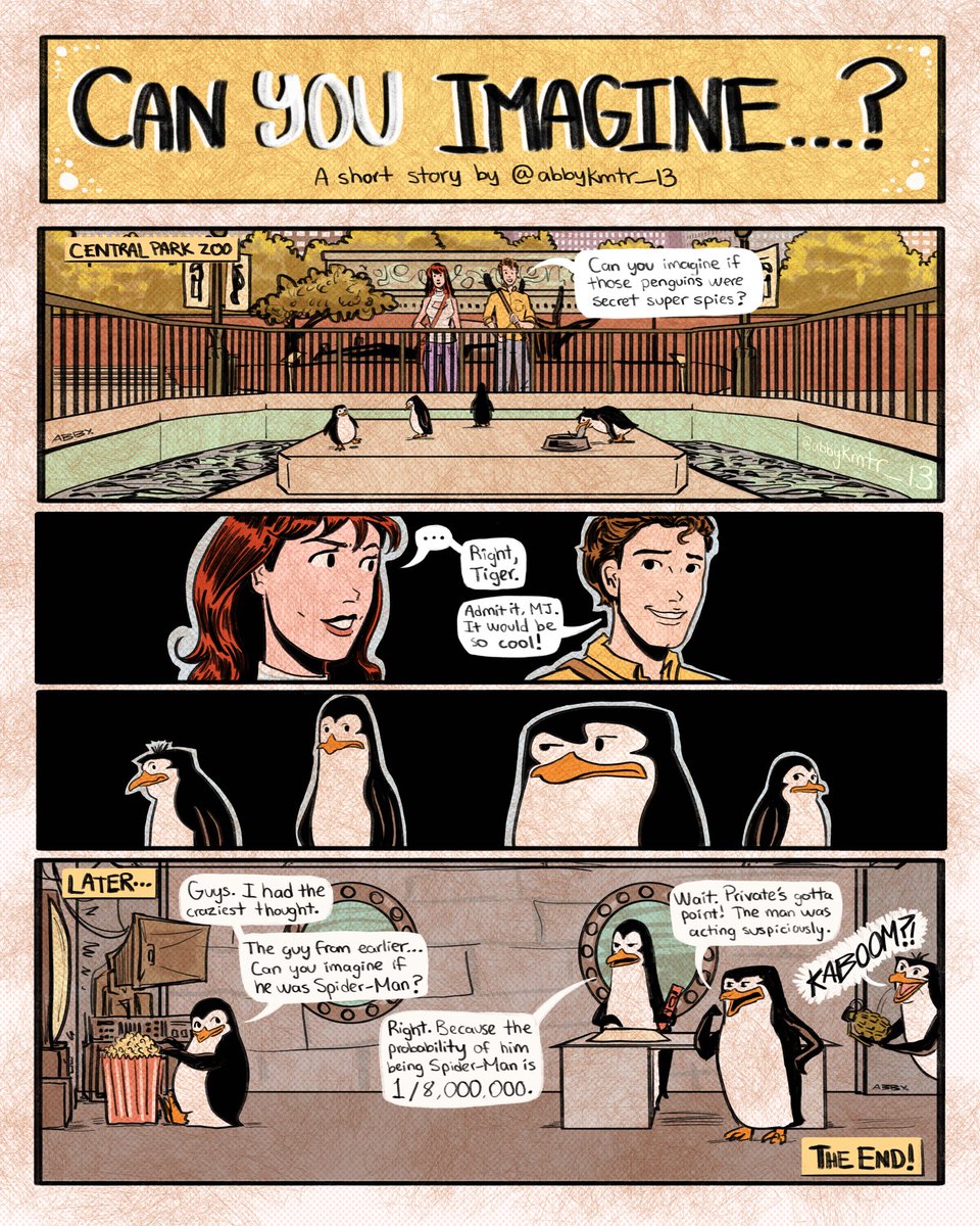 “Can you imagine…?” 
A short comic that is not meant to be taken seriously. 🕸️🐧

I finished this in September but I didn’t post it until now 😄💕 #Spiderman #penguinsofmadagascar