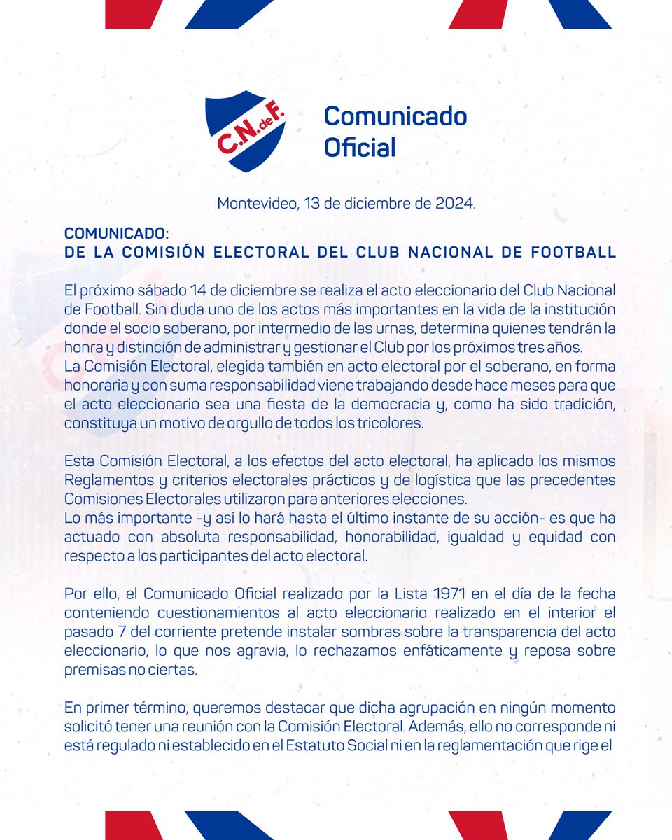 Nacional's tweet photo. 📌 Comunicado de la Comisión Electoral del Club Nacional de Football. https://t.co/2B3AZcj4wg