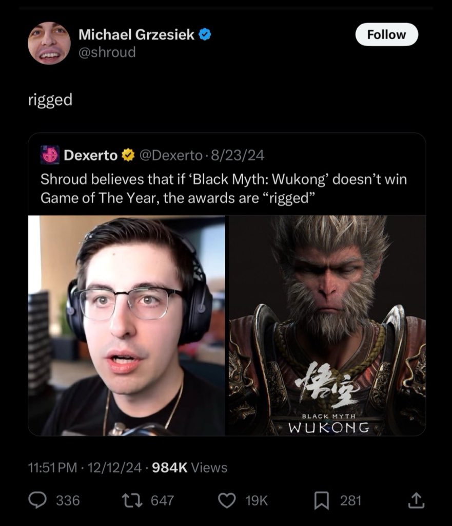 Dexerto's tweet image. Shroud doubled down on calling The Game Awards “rigged” after Black Myth: Wukong didn’t win GOTY