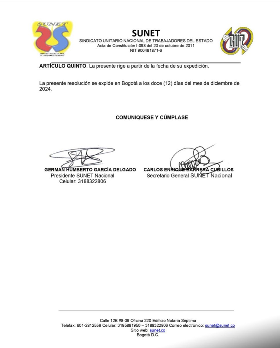 La Junta Directiva de <a href="/sunetcolofc/">@SunetColOfc</a> emitió la circular #021 del 12/12/24 por medio de la cual se amplía hasta el próximo 17/01/25, el plazo para hacer entrega ante la Nacional, de la acreditación de los delegados nacionales que asistirán a la próxima Asamblea Nal. Delegados 👀👇🏻