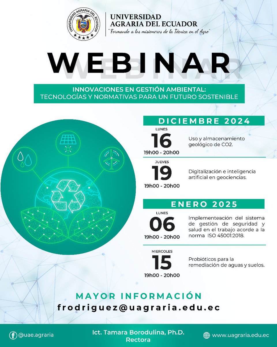 uae_agraria's tweet photo. 𝑰𝑵𝑮𝑬𝑵𝑰𝑬𝑹𝑰́𝑨 𝑨𝑴𝑩𝑰𝑬𝑵𝑻𝑨𝑳🌱

Los invitamos a participar de este webinar, desarrollado por la carrera de Ingeniería Ambiental de la UAE. 

Mayor información:
📧frodriguez@uagraria.edu.ec https://t.co/EBnwfPvx6g