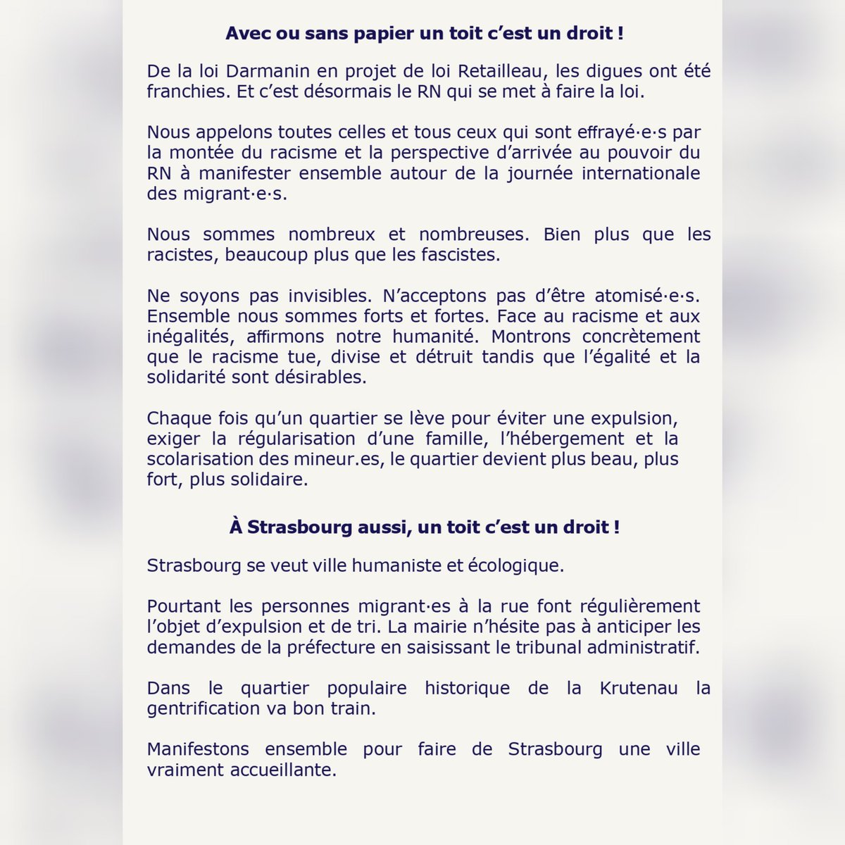 MkKet67's tweet photo. Journée internationale des https://t.co/Jdqg2QXjv7 Marche des solidarités
A Strasbourg Manif. le 14.12.24 à 15h pl. de Zurich 
Avec ou sans papier un toit c'est un droit ! 
Manif. antiraciste et pour le droit au logement pour tous et toutes ! https://t.co/1qwbkmMcZp