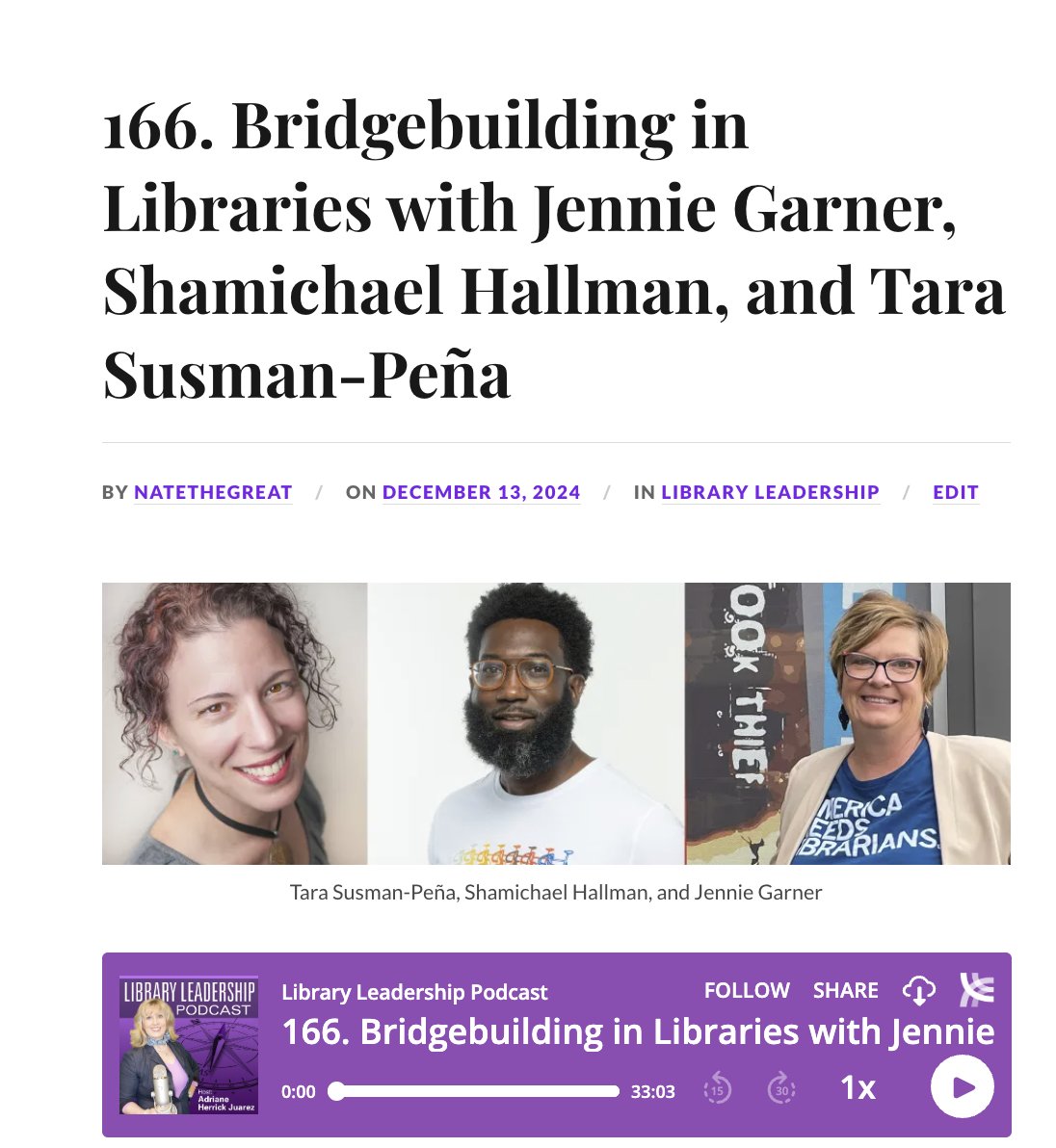 LibraryPodcast's tweet image. Bridgebuilding in Libraries with Jennie Garner, Shamichael Hallman, and Tara Susman-Peña libraryleadershippodcast.com/166-bridgebuil…
