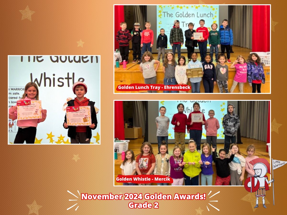 ✨Port Dickinson Elementary recently held its November 2024 Golden Awards! These awards recognize classes and individual students who show outstanding leadership in the lunchroom and on the playground. Congratulations to all the recipients for setting a positive example! 🎉