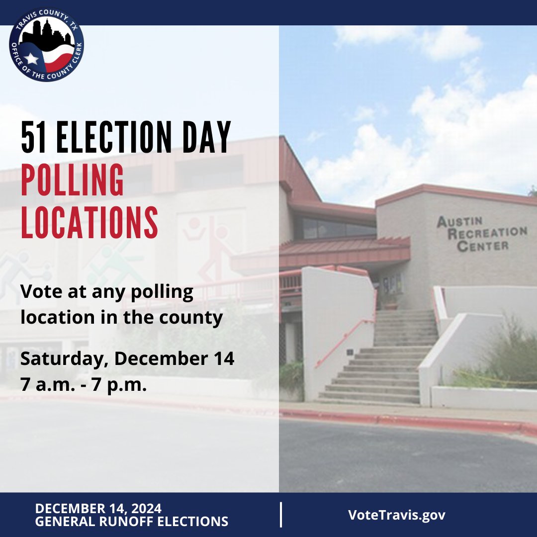 Tomorrow is Election Day for the General Runoff Elections!

➡️51 polling locations will be open from 7 a.m. - 7 p.m.
➡️Visit VoteTravis.gov to make your Election Day voting plan.