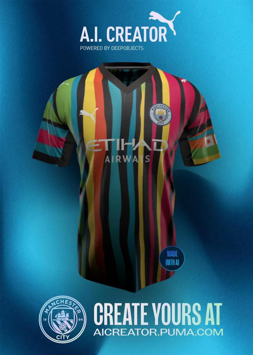 GreggHall12's tweet photo. Having fun with the new @ManCity Kit AI design tool from @DeepObjects. Winning kit design will become the actual Man City 3rd Kit for 2026/27 season! 🔥⚽️
Extra entries for holding a DeepObjects studio pass (also gives you access to all future collections)
#DEEPOBJECTS #AICREATOR https://t.co/sO4CTJrj1s