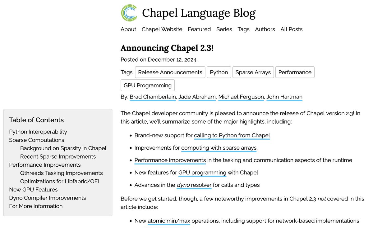 Chapel 2.3 is now available!  Explore new features like Python interoperability, improved sparse array computations, and more. Dive into the details on our blog:  chapel-lang.org/blog/posts/ann…