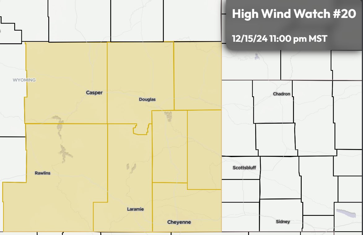 StormTrackingHQ's tweet photo. #HighWindWatch 020 has been issued for parts of #Wyoming until 11:00 pm MST Sunday #wxtwitter #wxX #wywx #Cheyenne #DouglasWY #Casper 

West #winds 25 to 35 mph with gusts up to 60 mph possible https://t.co/chjt2PIWYt