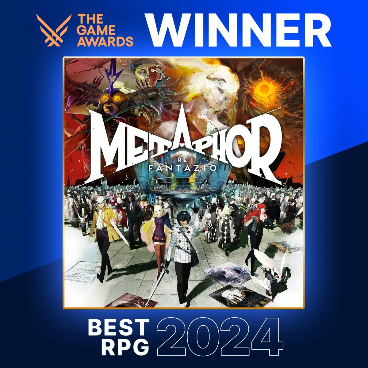 QooApp_EN's tweet photo. 🎉🏆 ATLUS Triumphs at TGA 2024!

The epic RPG "Metaphor: ReFantazio" claims Best Role-Playing Game and 2 more awards at The Game Awards 2024! 🌟✨

To celebrate, a Steam Sale Event is now live! 🎮💥

🛒 https://t.co/mCeewh5Bst

#MetaphorReFantazio #TGA2024 #BestRPG #GamingAwards https://t.co/oiawu2A14J