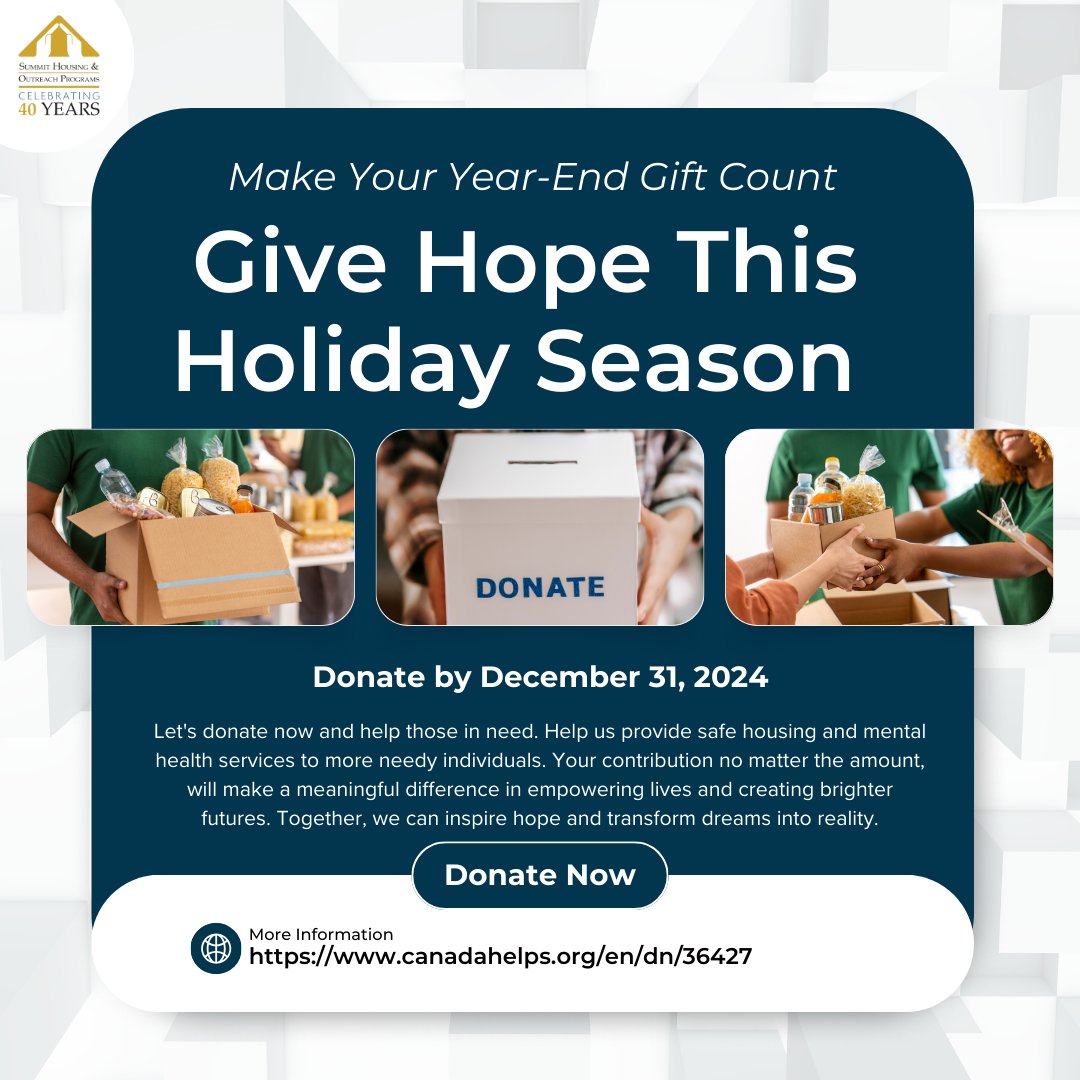 SummitPrograms's tweet photo. Help us make a lasting impact as we close the year! Join us in supporting Summit Housing &amp; Outreach Programs and our mission to provide safe housing and mental health services. Donate by Dec 31, 2024, to receive a charitable tax receipt. https://t.co/f135OKfIMr https://t.co/a0n64YjROa