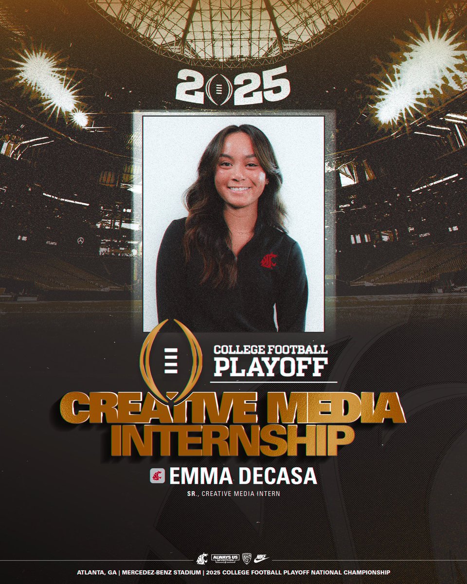 WSUCougarFB's tweet photo. Congratulations to @wsucougarfb @CougsCreative Creative Media Intern, Emma Decasa for being nationally selected as one of six undergrad photographers to join the @cfbplayoff social team at the 2025 College Football Playoff National Championship in Atlanta, Ga🏆‼️

#GoCougs https://t.co/jhnWVNDck6