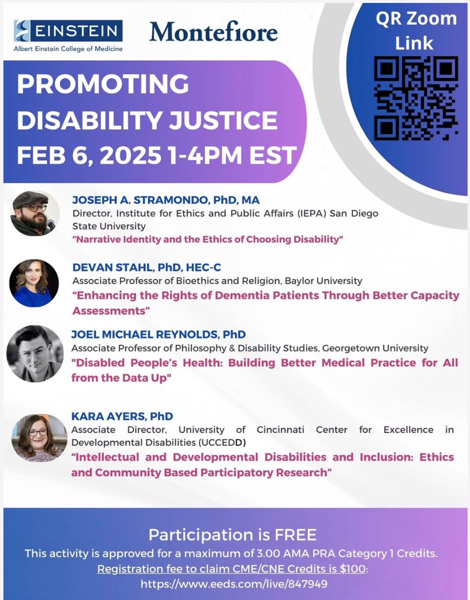 Save the Date: the Montefiore Einstein Center for Bioethics will be hosting a virtual symposium, Promoting Disability Justice, on February 6th from 1-4pm ET. Please join us!  #Bioethics #DisabilityAwareness #Disability #MedEd #HigherEd