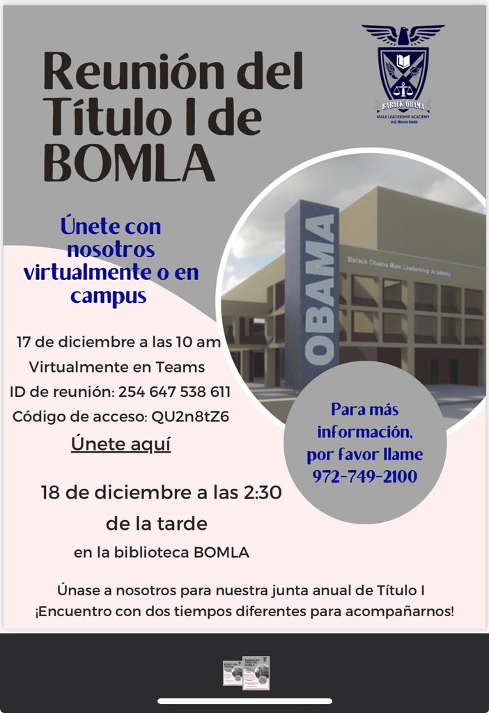 Barack Obama MLA (@obamamla) on Twitter photo Familia BOMLA, únase a nosotros virtualmente o en el campus el 17 y 18 de diciembre para la reunión del Título I. Enlace en bio para más información   #BOMLA #BOMLANation #DallasISD #ChooseBOMLA #ChooseDISD #SingerGenderSchools #ParentEngagement #ApplyToday Familia BOMLA, únase a nosotros virtualmente o en el campus el 17 y 18 de diciembre para la reunión del Título I. Enlace en bio para más información   #BOMLA #BOMLANation #DallasISD #ChooseBOMLA #ChooseDISD #SingerGenderSchools #ParentEngagement #ApplyToday