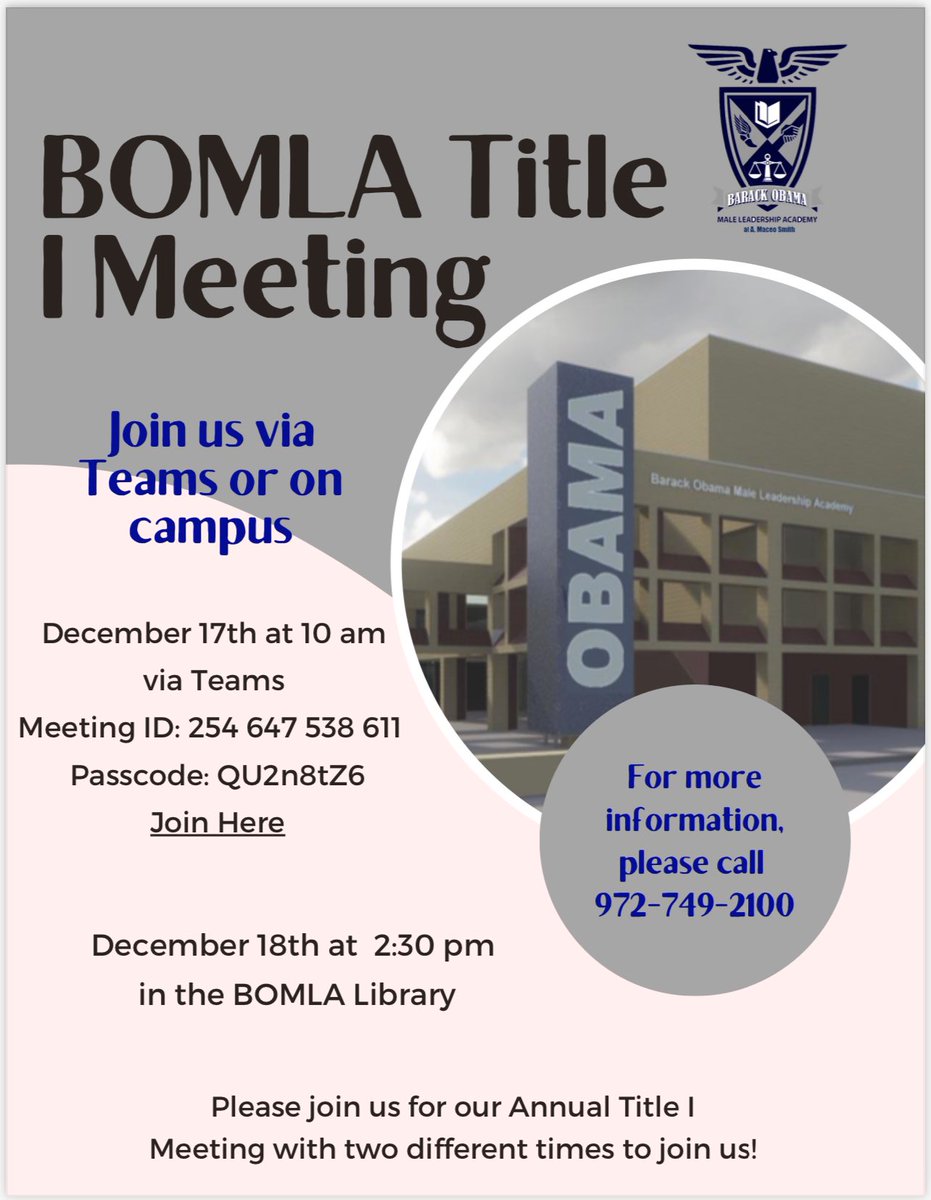 Barack Obama MLA (@obamamla) on Twitter photo BOMLA family, Join us on virtually or on campus Decebmer 17th and 18th for the Title I Meeting. Link in bio for more information  #BOMLA #BOMLANation #DallasISD #ChooseBOMLA #ChooseDISD #SingerGenderSchools #ParentEngagement #ApplyToday BOMLA family, Join us on virtually or on campus Decebmer 17th and 18th for the Title I Meeting. Link in bio for more information  #BOMLA #BOMLANation #DallasISD #ChooseBOMLA #ChooseDISD #SingerGenderSchools #ParentEngagement #ApplyToday