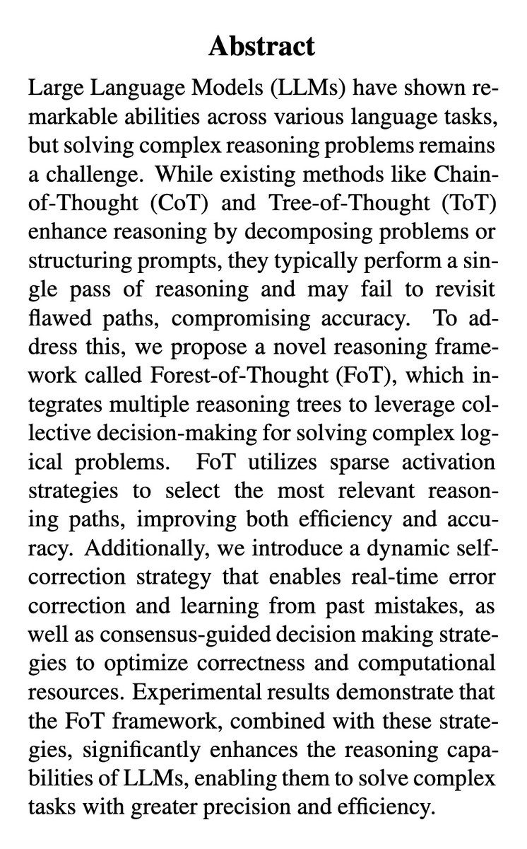 fly51fly's tweet photo. [CL] Forest-of-Thought: Scaling Test-Time Compute for Enhancing LLM Reasoning
Z Bi, K Han, C Liu, Y Tang... [Huawei Noah’s Ark Lab] (2024)
https://t.co/QzLFzAKOkF https://t.co/hclZXnGwwl