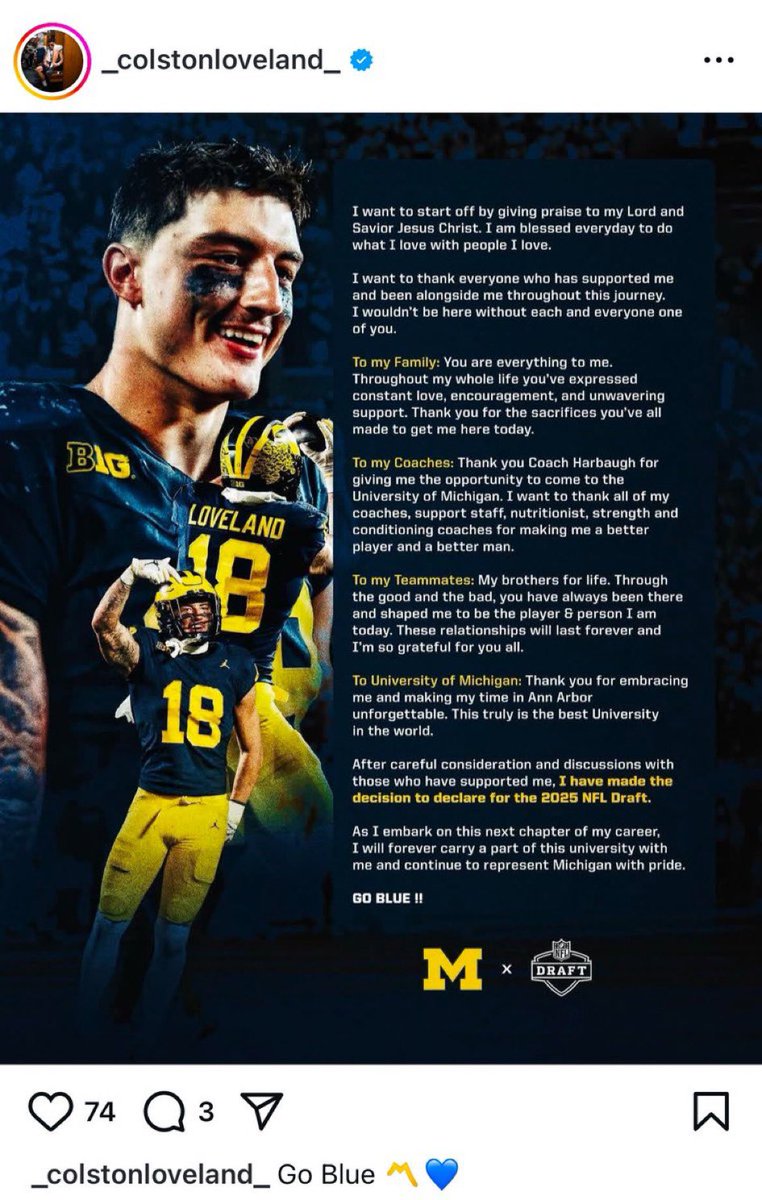 Michigan TE Colston Loveland declared for the 2025 NFL Draft.