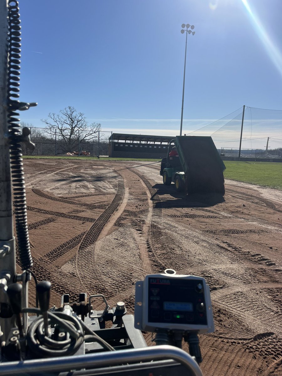 Infield maintenance for Waynesville Tiger baseball. Lip removal, tilling, and giving the infield a 1” lift with DuraEdge. Laser grade, new mound and bases anchors, we are ready for spring ball!