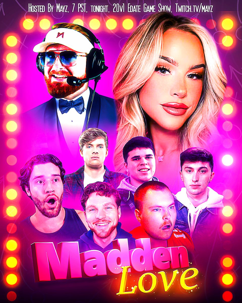 Mayzomatic's tweet photo. TONIGHT - 10 EST - MADDEN LOVE

Which Madden player will succeed in winning the heart of the wonderful @ryyleighx3 

Find out tonight

https://t.co/ZE3vd9728f https://t.co/KBdldIFVcb