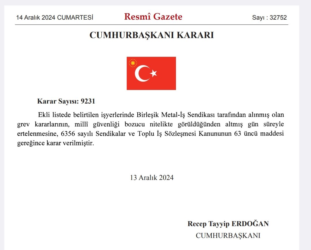Birleşik Metal-İş Sendikası'nın başlattığı GridSolutions, Hitachi Energy, Schneider Elektrik ve Arıtaş Kriyojenik fabrikalarındaki grevler, Resmi Gazete'de yayımlanan Cumhurbaşkanı kararıyla 60 gün yasaklandı. +