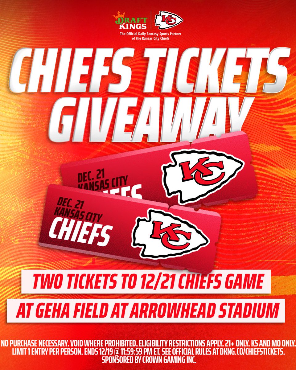 DO YOU WANT A CHANCE TO WIN CHIEFS TICKETS? 🚨

We're giving away two tickets to the Chiefs game on December 21 at Arrowhead Stadium

To enter, like and follow us 👇🏻

1 Winner | 2 Tickets | Rules: dkng.co/CHIEFSTICKETS