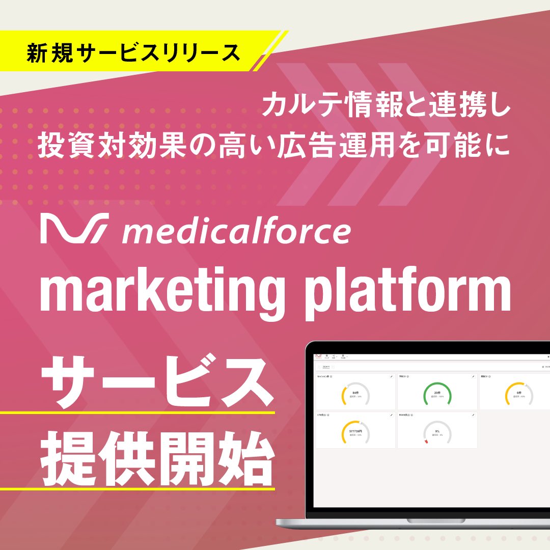 medicalforce_'s tweet photo. 【プレスリリースのお知らせ】
medicalforceより広告効果計測アプリがリリース！🎉

来院者情報と紐付き、予約のみならずLTVまで可視化した上で広告効果を計測できるようになりました✨
カルテ上で流入元を可視化できる機能も開発予定です。

プレスリリースはリンクよりご覧ください。
DMからもお気軽にお問い合わせください！

https://t.co/NIkB0yD672