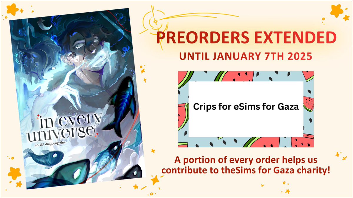 💫 Hello all! We hope this chaotic holiday season has treated you amazingly so far 🥰🥰

While we have amassed so many orders >v< we believe we can get more to give to our chosen charity, Crips for eSims for Gaza!!

💫 Preorders will be extended to January 7th! 💫

Shop link vvvv
