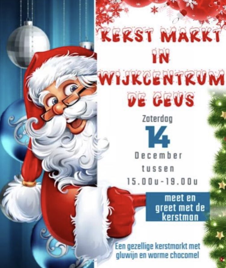 Wijkcentrum De Geus (@degeushsum) on Twitter photo Uitnodiging voor iedereen. Morgen zaterdag de 14e van 15:00 tot 19:00 kerstmarkt in wijkcentrum De Geus. 
Met leuke kraampjes, muziek, een meet and greet met de kerstman, warme choco en voor wie wil (ook voor kinderen!) kerststukjes maken (gratis en zolang de voorraad strekt) Uitnodiging voor iedereen. Morgen zaterdag de 14e van 15:00 tot 19:00 kerstmarkt in wijkcentrum De Geus. 
Met leuke kraampjes, muziek, een meet and greet met de kerstman, warme choco en voor wie wil (ook voor kinderen!) kerststukjes maken (gratis en zolang de voorraad strekt)
