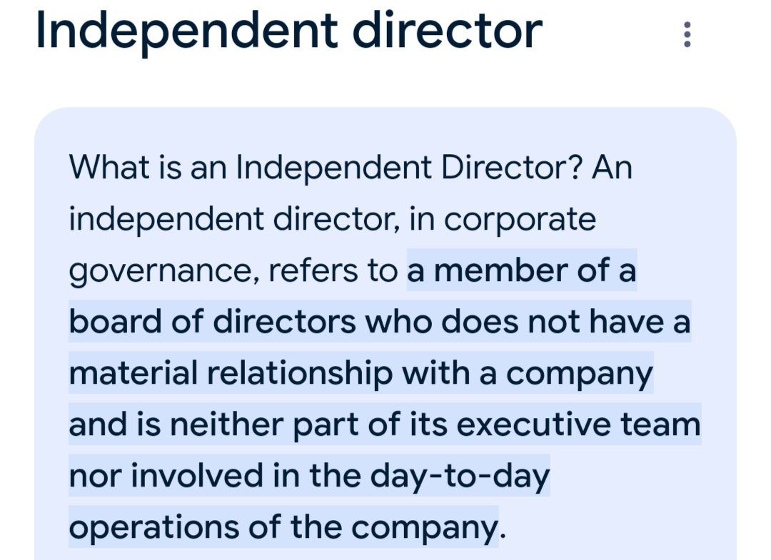 ramkumarjeevi25's tweet photo. @KumaranR947798 An independent director, in corporate governance, refers to a member of a board of directors who does not have a material relationship with a company and is neither part of its executive team nor involved in the day-to-day operations of the company https://t.co/boJ8T7VGs8